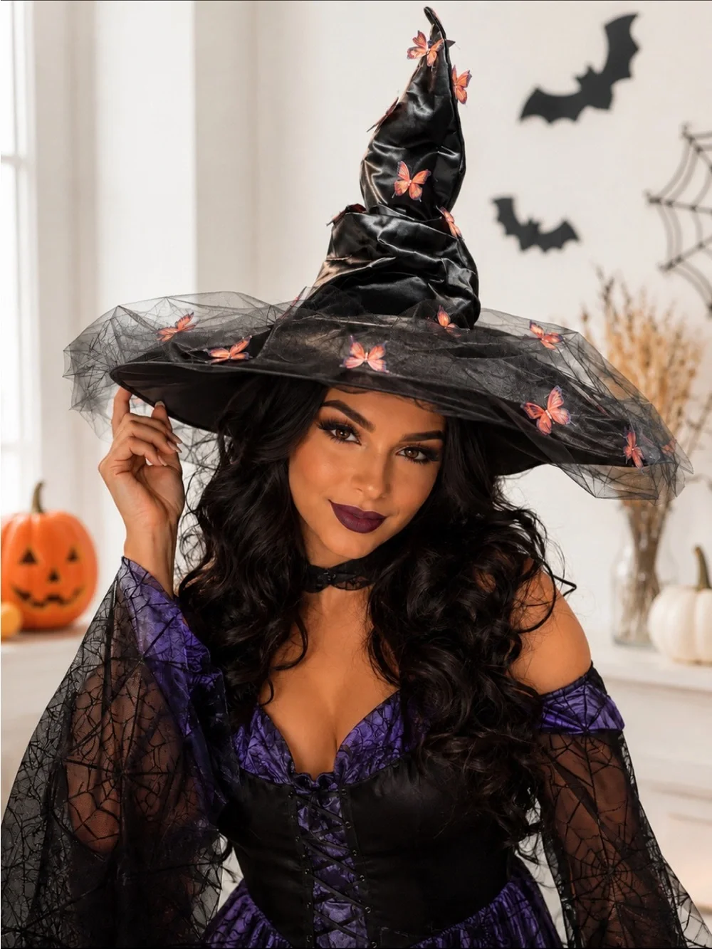 Witch Hat with Pink Butterfly Accents - Black